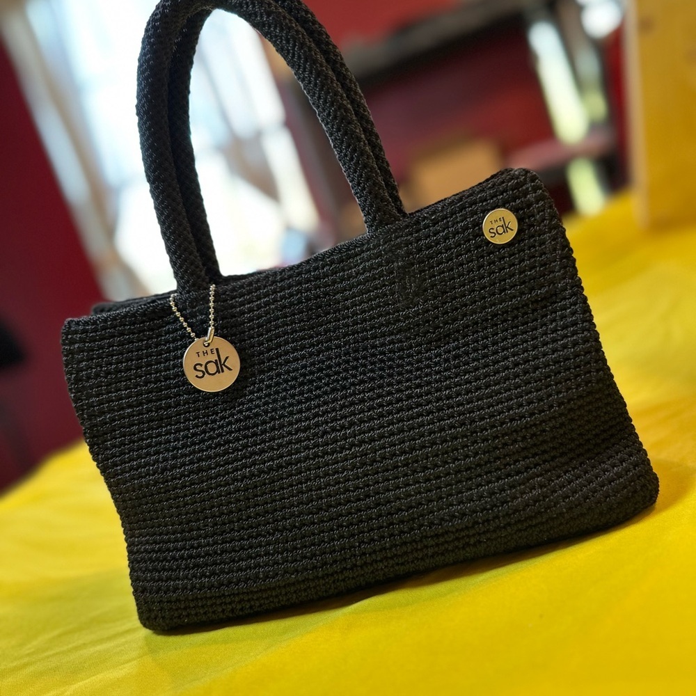 The Sak Black Crochet Top Handle Handbag Purse Medium Woven Knit Shoulder Bag